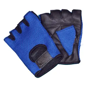 Leather Gym Fingerless Weight Lifting Exercise Gloves Black/Blue Leather Gym Fitness Cycling Gloves