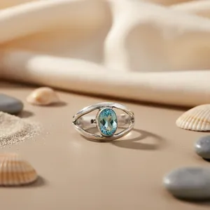 Anillo de Plata 925 con Topacio Azul, Corte Ovalado, Engaste de Bisel, Diseño Minimalista, Unisex, Uso Diario, Aniversario, Moderno - Product Image 1
