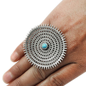 Indian Artisan Handmade Birthstone Jewelry 925 <b>Sterling</b> Oxidized <b>Silver</b> Natural Turquoise Round Shape <b>Adjustable</b> <b>Ring</b> for Women - Product Image 3
