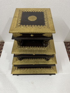 Handmade Handicraft Wooden Half Brass Fitted Inlay Bajot Chowki Set Of 4 For Pooja <b>Unit</b> Wedding Gift Indoor Use Home Decor - Product Image 5