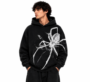 Sudadera con Capucha Oversize para Hombre, Estampado de Araña Negra, Informal, de Algodón Tejido, Estilo Urbano Otoñal, Manga Regular, Logotipo Frontal - Product Image 4