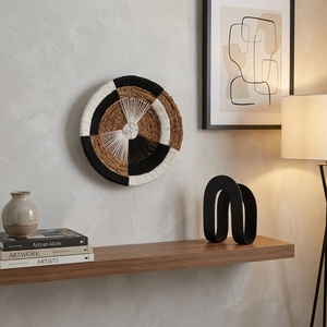 Panier mural en macramé en écorce de bananier naturelle, plateau rond peu profond à blocs de couleur abstraits, décoration artistique pure pour la mise en scène de la pièce, artisanat bohème - Product Image 6