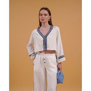 Camisa de Lino para Mujer TOPSHOW con Detalle de Rayas Vaqueras - Blusa de Algodón y Poliéster al por Mayor para Uso Casual - Product Image 3