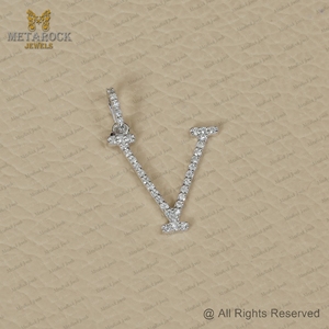 Colgante con inicial de diamante pavé natural, colgante con letra V, oro blanco de 14K, joyería hecha a mano, regalo de Navidad, colgante con alfabeto en V - Product Image 2