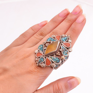 Bague turquoise tibétaine bijoux faits à la main en vrac fournisseurs de bijoux en gros filles et femmes bagues de mode grossiste de bijoux - Product Image 5