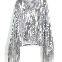 Veste à sequins à franges Fermeture éclair Automne Hiver Streetwear Rock Bf Rétro Manches longues Argenté Réfléchissant Manteau Femme Vêtement d'extérieur