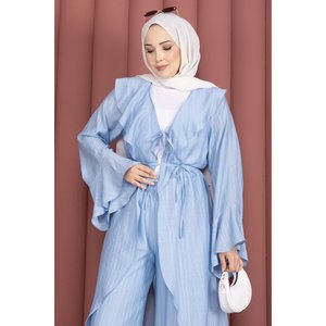 Conjunto Casual de Pantalones Kimono Azul Cielo con Cinturón con Volantes para Primavera/Verano - Product Image 2