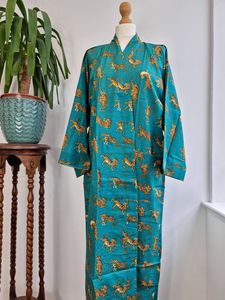 Pur coton indien bloc imprimé été Kimono profond Turquoise guépard Floral plage couverture confortable maternité maman longueur au sol - Product Image 4