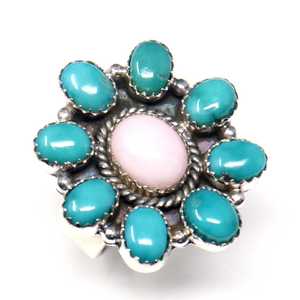 Bague ajustable en argent sterling et turquoise Arizona faite à la main, bague en grappe en opale rose pour femme - Product Image 2