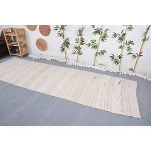 Tapis Turc Vintage Minimaliste 3.4 X 11ft Laine Blanche Rectangle Patchwork Design pour Chambre ou Salon avec Support en Latex - Product Image 2