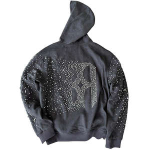 Sudadera con capucha personalizada con patrón de letras de diamantes de imitación, estilo urbano, unisex, oversize, con cremallera bidireccional, color gris - Product Image 2