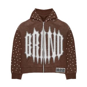 Sudadera con Capucha Personalizada de Estilo Urbano, Bordado Desgastado, Tela de Felpa Extra Grande, Alta Calidad, Lavado Ácido Vintage, con Pedrería, Elegante - Product Image 3