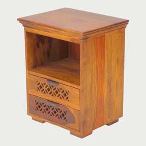 Table de chevet élégante en teck avec deux tiroirs sculptés et une étagère ouverte pour le salon et la chambre à coucher - Product Image 1