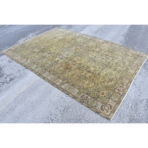 Tapis turc vintage classique jaune beige 6.7 X 9.8ft fait à la main patchwork rectangle laine matériel avec support en latex pour chevet - Product Image 2