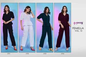 Vente en gros à taux de fabrication Ensembles coordonnés de vêtements occidentaux à la mode Maruti pour femmes Qualité supérieure Décontracté Forme en V Haut BSY + Pantalon Indien - Product Image 6
