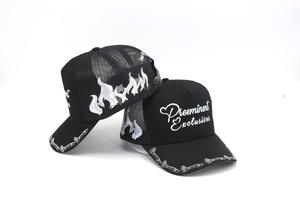 Custom Flame Embroidery logo Brim Printed logo Mesh Black Baseball Sports Trucker Hat - Product Image 4