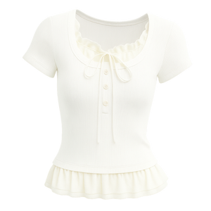 Top de punto de encaje de manga corta para mujer, dulce lazo decorativo transpirable, dobladillo con volantes, elegante pieza versátil, trajes diarios - Product Image 2