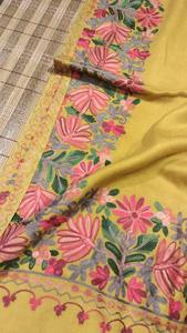 yellow Kashmiri <b>Shawl</b> in <b>Wool</b> with Classic Embroidery for Bridal Wear and Winter Ethnic Fashion - Product Image 2