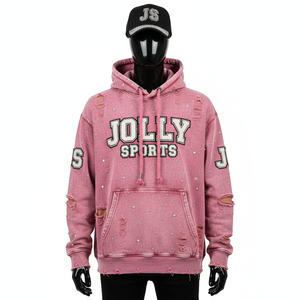 Sweat-shirt rose en molleton de coton doux et épais 380 GSM avec texture déchirée, strass et broderie, logo personnalisé, sweat-shirt basique - Product Image 1