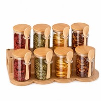 Ensemble de 8 pots à épices en verre hermétiques avec couvercles en bambou et cuillères en bois - Contenants de rangement de cuisine en borosilicate avec support