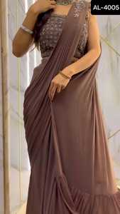 Sari de Georgette Sintética de Último Diseño para Mujer, Listo para Usar, con Blusa Completamente Cosida, Sari de Encaje de Terciopelo para Bodas - Product Image 2