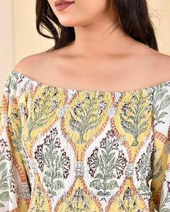 Crêpe Soie Casual Robe D'été Jaune Vert Floral Feuille Imprimer Cloche Manches Naturel Taille Écologique Respirant Lavable - Product Image 6