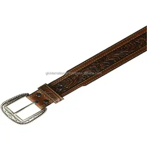 Double Stitched embossed floral design western leather tooling belt for men with interchangeable buckle snaps custom sizes