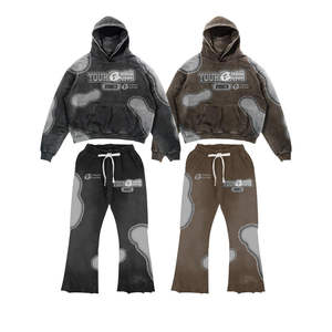 Fabricant Logo personnalisé recadrée 400gsm français éponge survêtement pantalon de survêtement évasé sweats à capuche hommes ensemble de base coton mélangé - Product Image 3