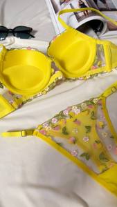 Floral Embroidered Bralette <b>Set</b> With Adjustable Straps And Hipster Panties For Women Yellow Color Breathable Spandex Opt170 - Product Image 6