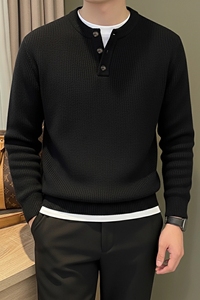 Tendance hommes épais pull tricoté Henley col rond conception extensible doux et luxueux coton tissu hommes pull décontracté - Product Image 2