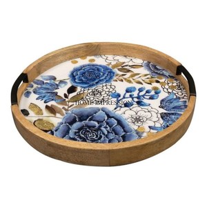 Gold Plated Leaves Designer Handles Round Shape Superior Quality <b>Wooden</b> <b>Tray</b> Home & Hotel <b>Table</b> Centerpiece Food Serving <b>Tray</b> - Product Image 3