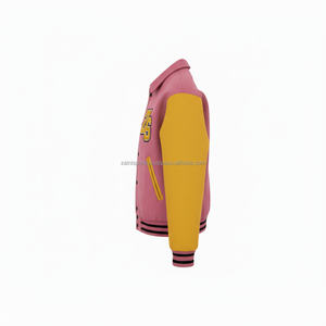 Veste universitaire en mélange de laine avec manches en cuir PU souple, veste universitaire en chenille à logo personnalisé jaune rose pour hommes - Product Image 5