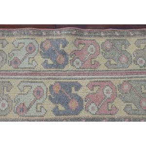 1,3x9,6 ft Runner Vintage Rug, Turkish Rug, <b>Yellow</b> Pink Check <b>Wool</b> Rug - Product Image 4