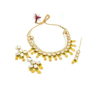 Conjunto de Joyería Fina Kundan con Perlas Amarillas, Diseño Clásico y Moderno, Chapado en Oro, con Flores, para Bodas, Fiestas, Compromisos, Regalo Étnico Religioso - Product Image 4