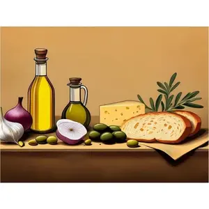 Mural para salpicaduras de pared de cocina, azulejo, mármol, cerámica, diseño de naturaleza muerta con pan, aceitunas, ajo, sartenes para asar, categoría - Product Image 1