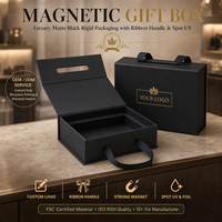 Boîte cadeau magnétique rigide pliable noire mate personnalisée de luxe haut de gamme avec poignée, impression partielle UV et logo en feuille d'argent et d'or