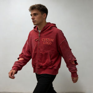 Sudaderas con Capucha para Hombre, Color Borgoña, con Cierre, Logotipo Personalizado, Bordado en Relieve, Estilo Desgastado, Vintage, Lavado, Talla Grande, Casual - Product Image 5