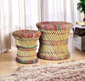 Tabouret de canne en bambou fait à la main Sarkanda Cane Muddha Lot de deux tabouret ottoman coloré pour salon extérieur jardin parc incrustation d'os - Product Image 5