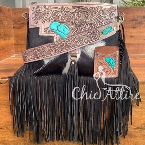 2025 nouveauté femmes usiné à la main en cuir Turquoise chapeau sacs à bandoulière et cuir usiné à la main poche ouverte porte-cartes ensembles - Product Image 1