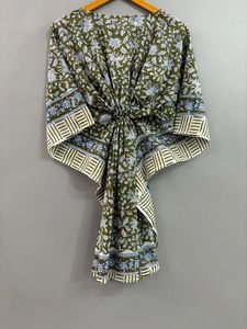 Caftán de algodón verde hecho a mano para mujer, hermosa casa con estampado de hojas, Vestido largo de Playa para fiestas naturales - Product Image 6