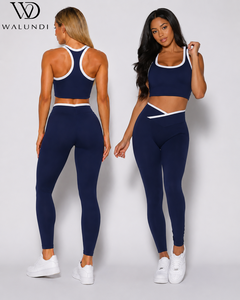 Conjunto de Ropa de Yoga Sexy con Cuello Halter para Mujer, Leggings con Cintura en V, Bolsillos Laterales, Ribete en Contraste, Conjunto de 2 Piezas para Gimnasio y Entrenamiento, Logotipo Personalizado - Product Image 4