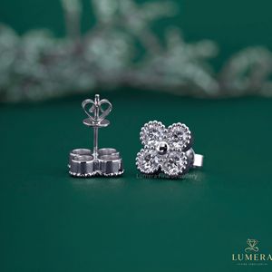 Round Cut Lab Grown Diamond Four Leaf Clover Cluster Studs Non Certified 14K Solid Gold Milgrain Beaded Floral Motif Earrings - Product Image 2