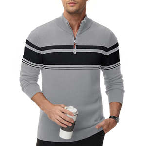 Suéter de punto a rayas con media cremallera gris para hombre de alta demanda - Product Image 1
