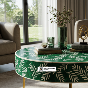 Mesa de Centro Redonda Moderna con Incrustaciones de Resina Verde Hueso y Base de Metal Dorado, Diseño Floral, Muebles de Sala de Estar, Ecológica y Duradera - Product Image 4