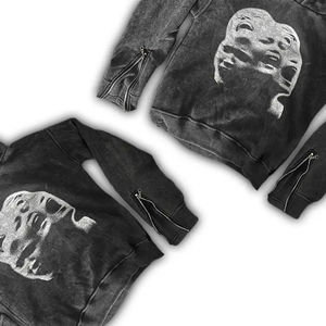 Sweat à capuche en coton noir personnalisé effet délavé à l'acide streetwear d'hiver pour hommes manches zippées impression lavée pull Boxy capuche courte - Product Image 2