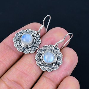 925 Sterling <b>Silver</b> Fine Dangle <b>Earrings</b> with Round Cut Moonstone Gemstone Perfect Engagement or Anniversary Gift - Product Image 2