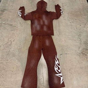 Survêtement pour homme à capuche zippé intégral, style hip-hop, uni, écologique, avec strass, imprimé surdimensionné - Product Image 6