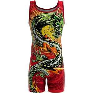 Singlet de Lucha Libre para Hombre con Estampado de Dragón, Rojo, Verde y Amarillo, Sublimado, Poliéster Transpirable, Estilo Pantalones Cortos para Adultos - Product Image 4