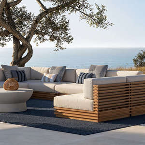 Modern Appearance Batten Natural Teak 7-Piece L-Shaped Outdoor Sectional Sofa with <b>Oat</b> Cushions - Product Image 3