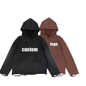 Sudadera con capucha Vintage desgastada lavado ácido suelta recortada Sudadera con capucha hombres Streetwear sudaderas con capucha en blanco para hombre, 100% algodón cremallera completa calle - Product Image 1